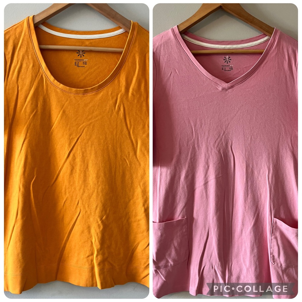 Isaac Mizrahi Live Essentials Bundle of 2 Tees Orange Pink 1X Cotton Pockets
